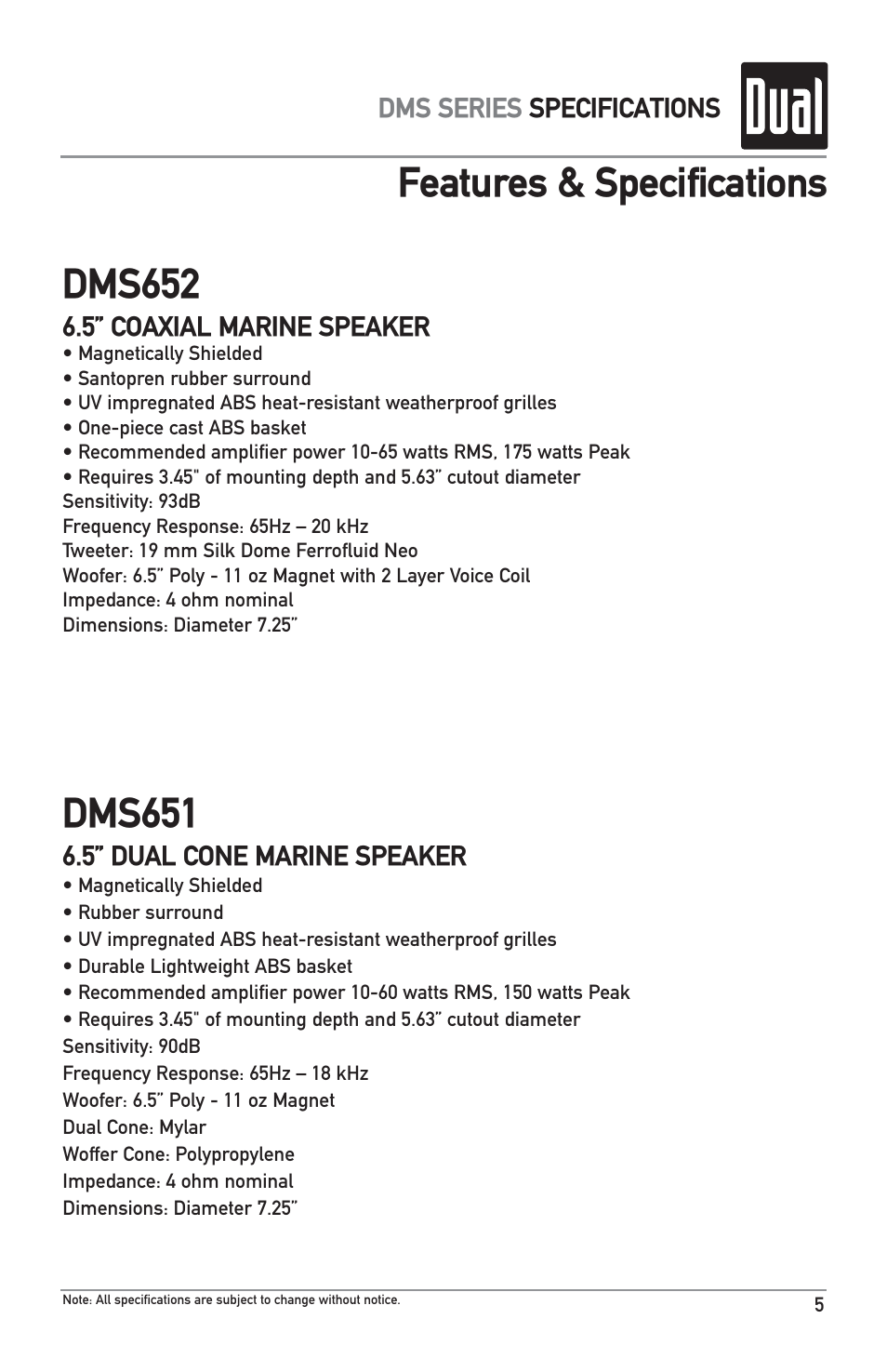 Features & specifications, Dms651, Dms652 | Dual DMS651 User Manual | Page 5 / 8