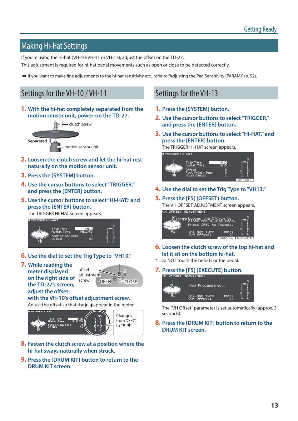 Making hi-hat settings, Settings for the vh-10 / vh-11, Settings for the vh-13 | Getting ready | Roland TD-27KV2 V-Drums Electronic Drum Kit User Manual | Page 13 / 67