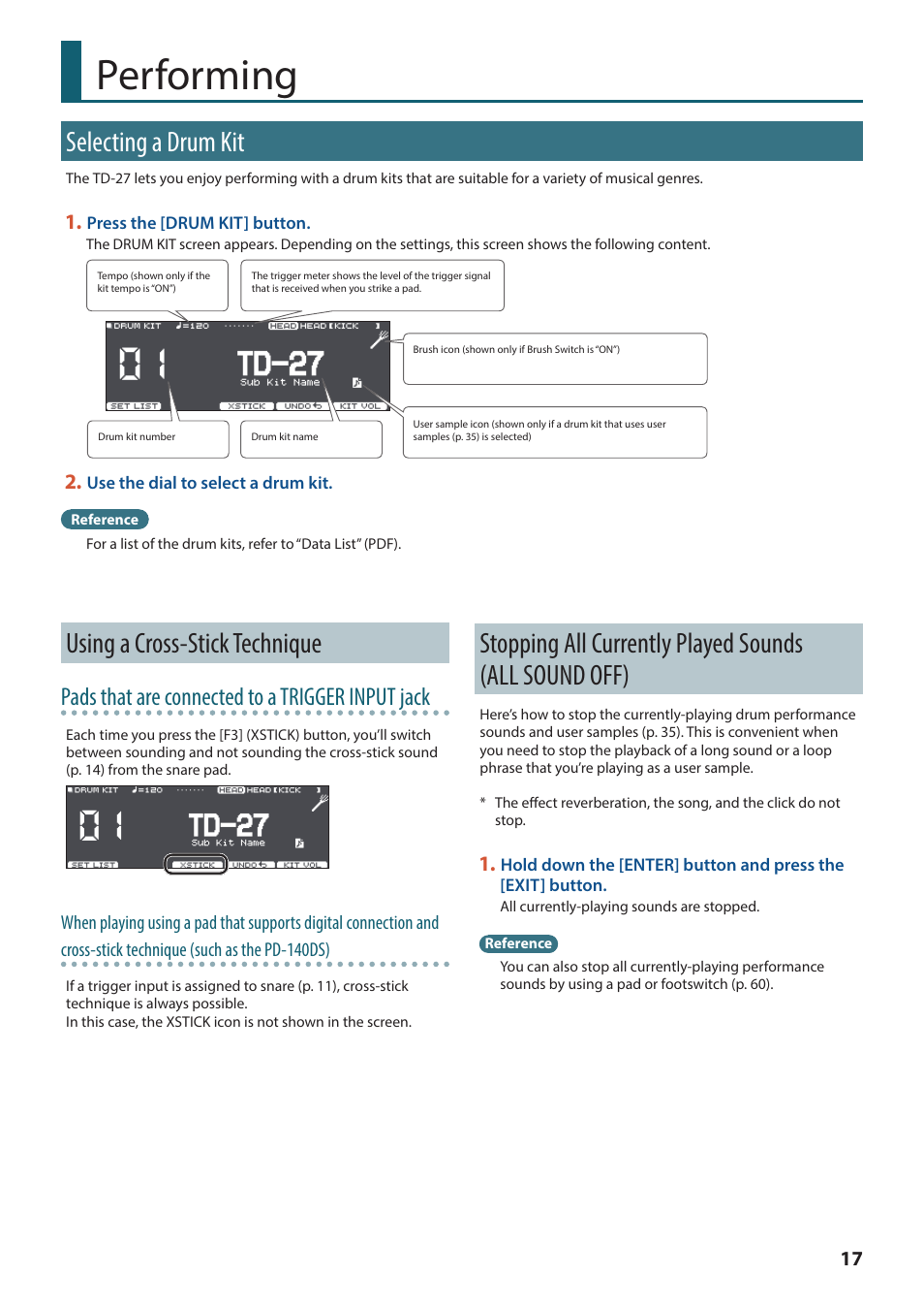 Performing, Selecting a drum kit, Using a cross-stick technique | Stopping all currently played sounds (all sound, Off), Selecting a drum kit” (p. 17), Pads that are connected to a trigger input jack | Roland TD-27KV2 V-Drums Electronic Drum Kit User Manual | Page 17 / 67