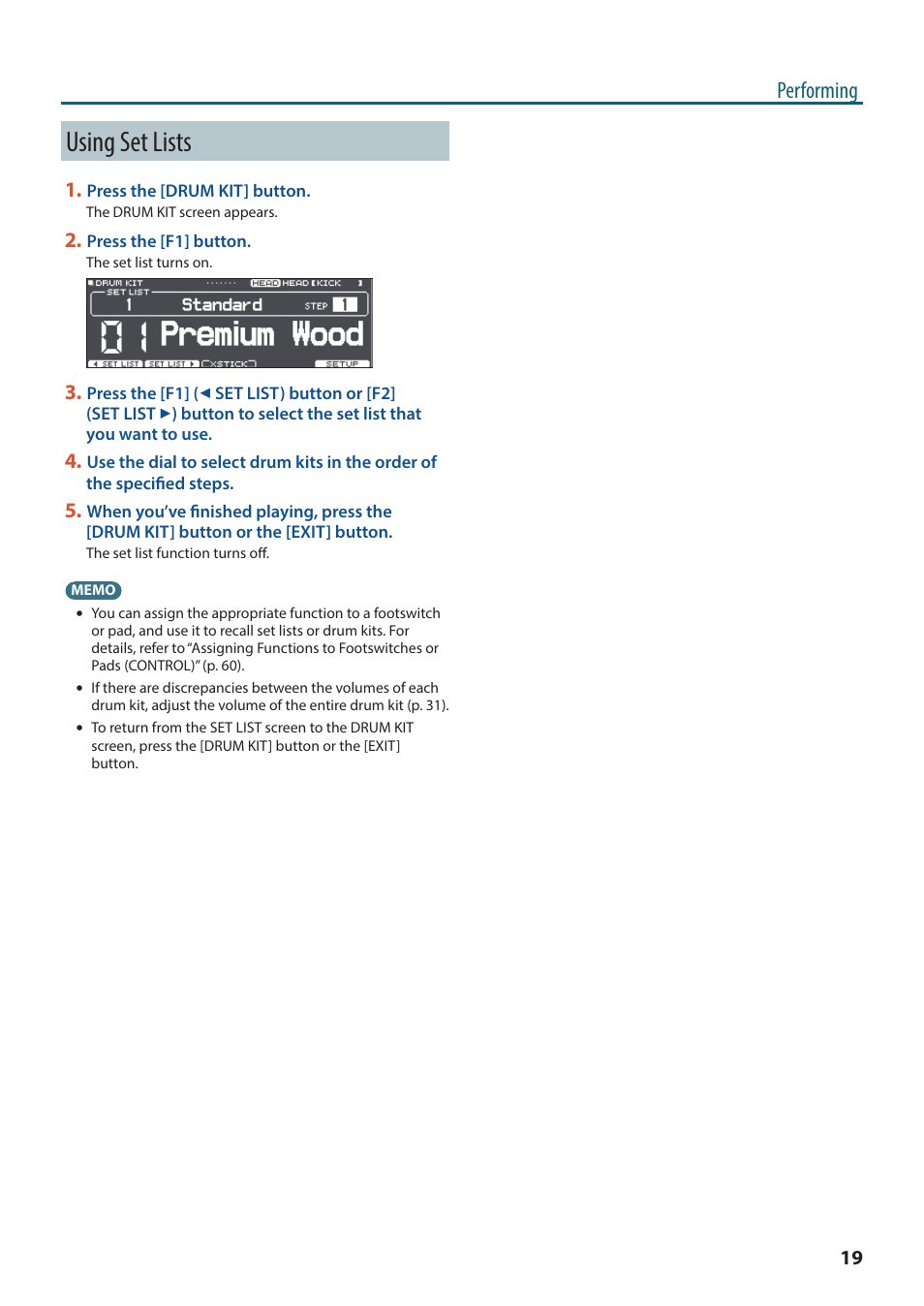 Using set lists, Performing | Roland TD-27KV2 V-Drums Electronic Drum Kit User Manual | Page 19 / 67