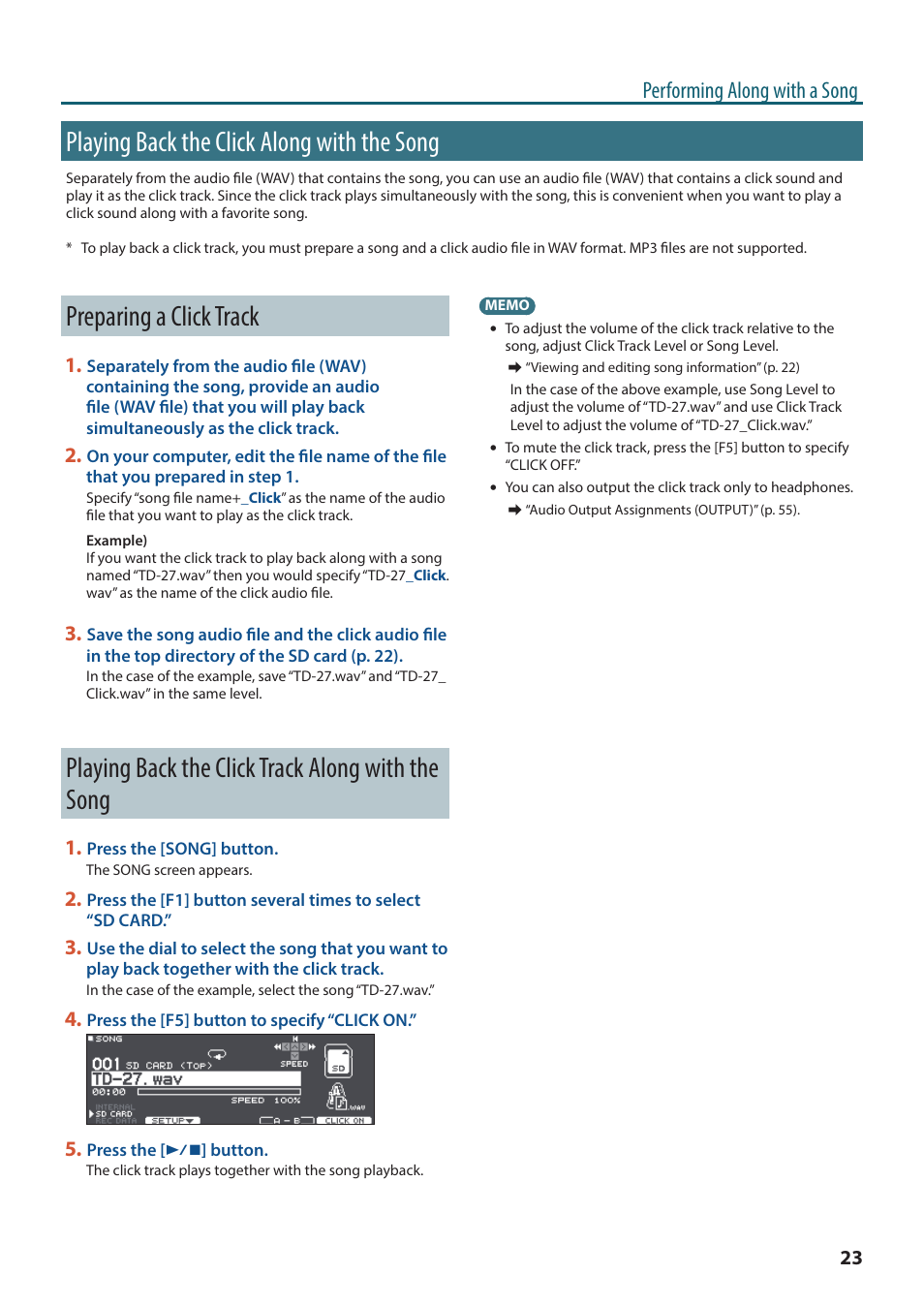 Playing back the click along with the song, Preparing a click track, Playing back the click track along with the song | Performing along with a song | Roland TD-27KV2 V-Drums Electronic Drum Kit User Manual | Page 23 / 67