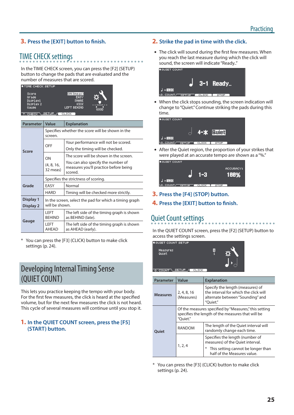 Developing internal timing sense (quiet count), Time check settings, Quiet count settings | Practicing | Roland TD-27KV2 V-Drums Electronic Drum Kit User Manual | Page 25 / 67