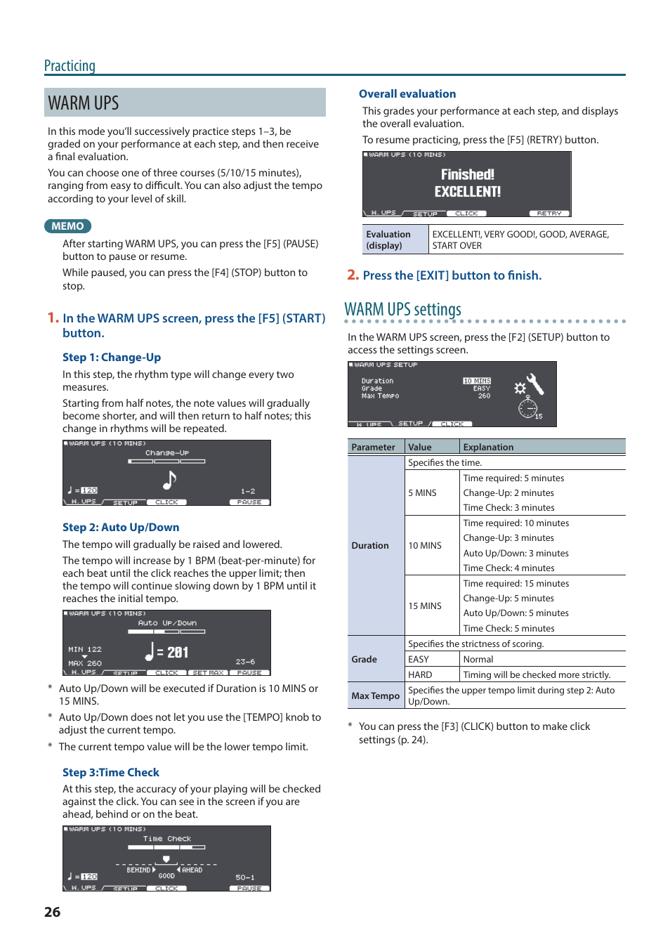 Warm ups, Warm ups settings, Practicing | Roland TD-27KV2 V-Drums Electronic Drum Kit User Manual | Page 26 / 67