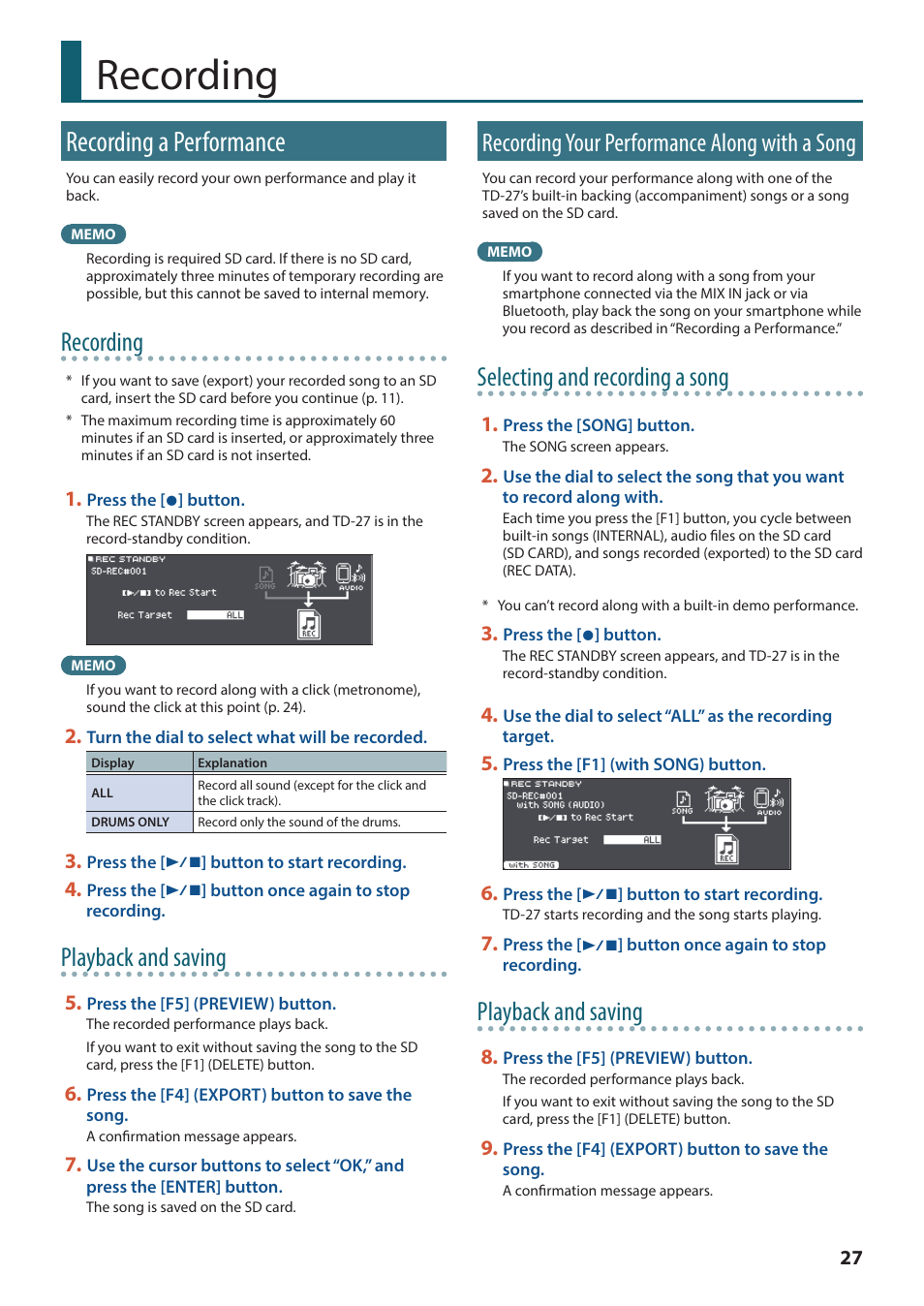 Recording, Recording a performance, Recording your performance along with a song | D (p. 27, Recording” (p. 27), Recording your, Performance along with a, Song” (p. 27), Playback and saving, Selecting and recording a song | Roland TD-27KV2 V-Drums Electronic Drum Kit User Manual | Page 27 / 67