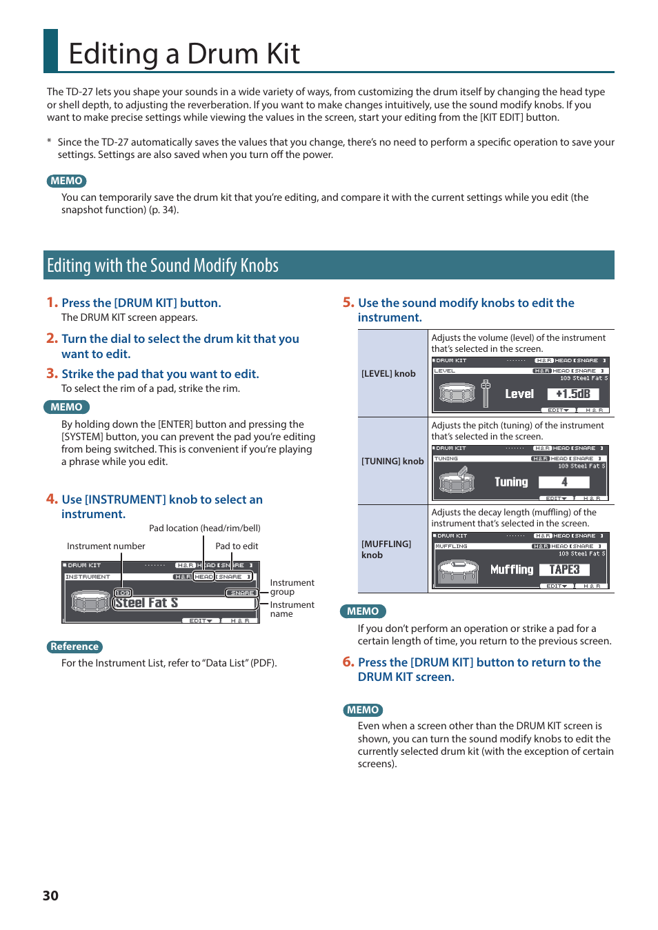 Editing a drum kit, Editing with the sound modify knobs, Editing a drum kit” (p. 30) | Roland TD-27KV2 V-Drums Electronic Drum Kit User Manual | Page 30 / 67