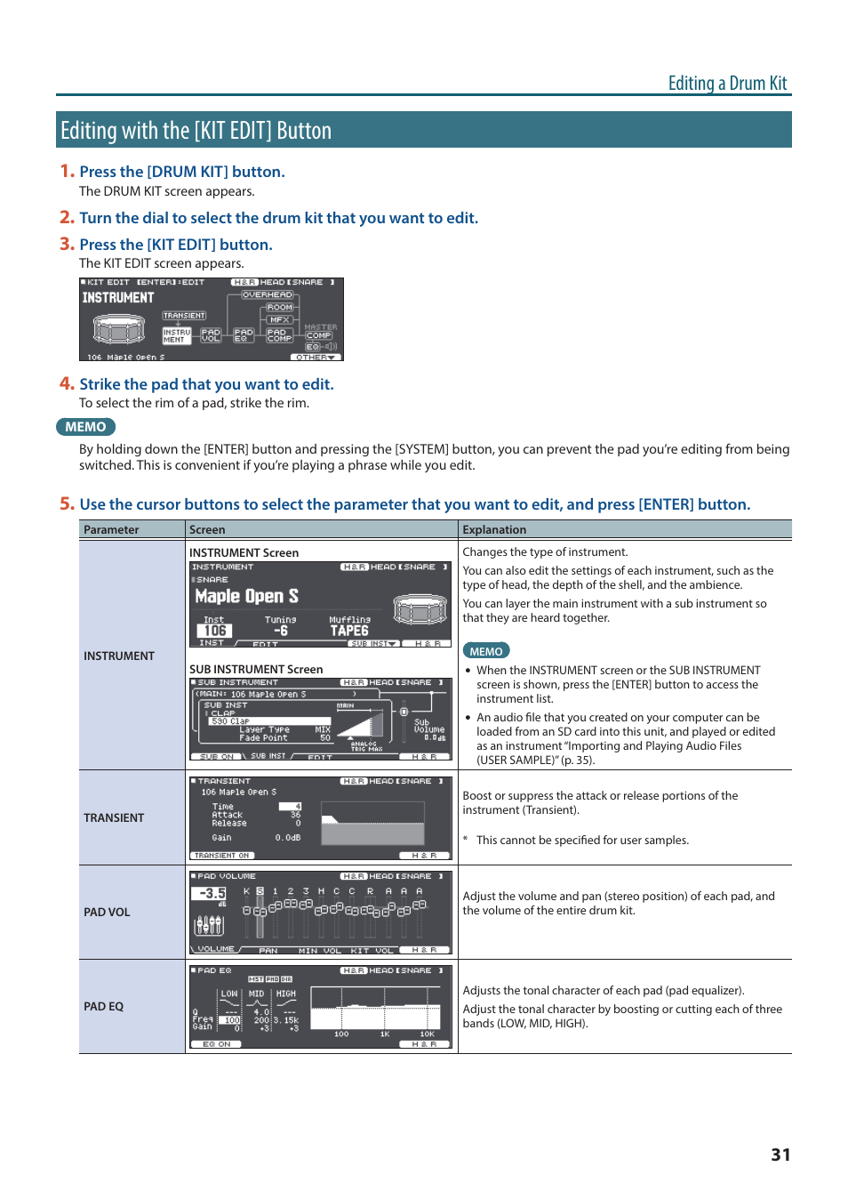 Editing with the [kit edit] button, Editing a drum kit | Roland TD-27KV2 V-Drums Electronic Drum Kit User Manual | Page 31 / 67