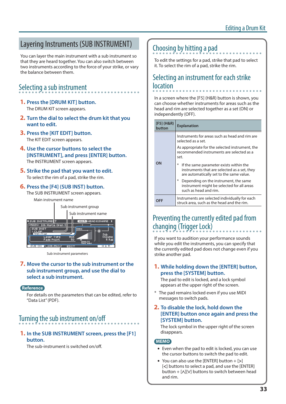 Layering instruments (sub instrument), Selecting a sub instrument, Turning the sub instrument on/off | Choosing by hitting a pad, Selecting an instrument for each strike location, Editing a drum kit | Roland TD-27KV2 V-Drums Electronic Drum Kit User Manual | Page 33 / 67