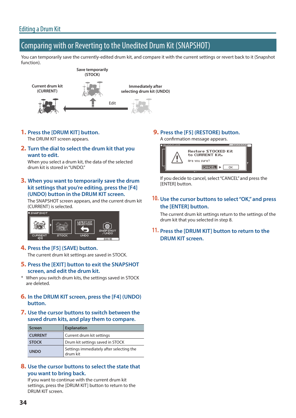 Comparing with or reverting to the unedited drum, Kit (snapshot), Editing a drum kit | Roland TD-27KV2 V-Drums Electronic Drum Kit User Manual | Page 34 / 67