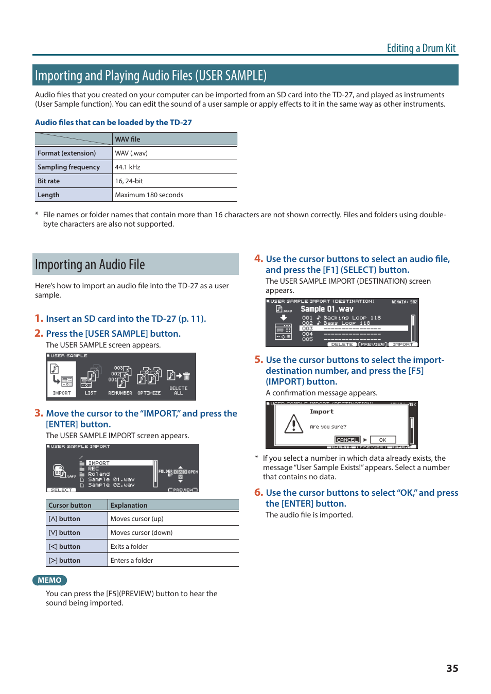 Importing and playing audio files (user sample), Importing an audio file, Esets) (p. 35) | Ser samples (p. 35, Importing and playing audio files, User sample)” (p. 35), Sounds and user samples (p. 35, Samples (p. 35, Editing a drum kit | Roland TD-27KV2 V-Drums Electronic Drum Kit User Manual | Page 35 / 67