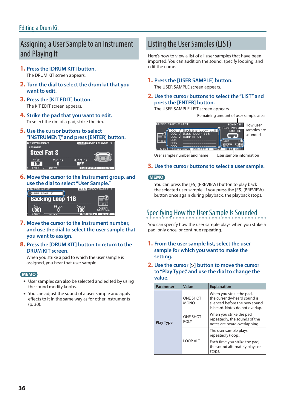 Listing the user samples (list), Assigning a user sample to an instrument and, Playing it | Specifying how the user sample is sounded, Editing a drum kit | Roland TD-27KV2 V-Drums Electronic Drum Kit User Manual | Page 36 / 67