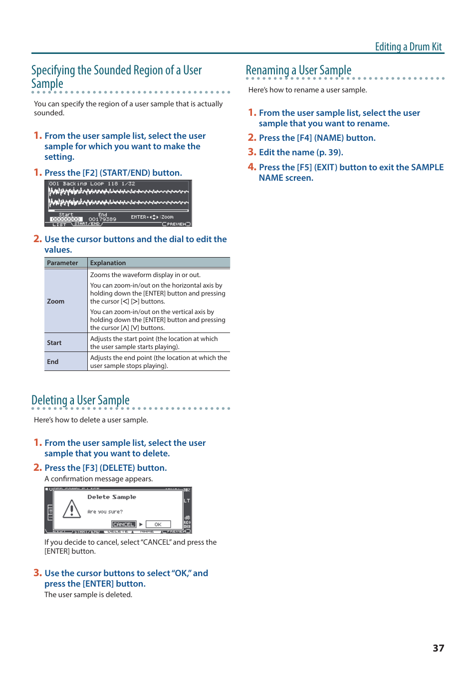Specifying the sounded region of a user sample, Deleting a user sample, Renaming a user sample | Editing a drum kit | Roland TD-27KV2 V-Drums Electronic Drum Kit User Manual | Page 37 / 67