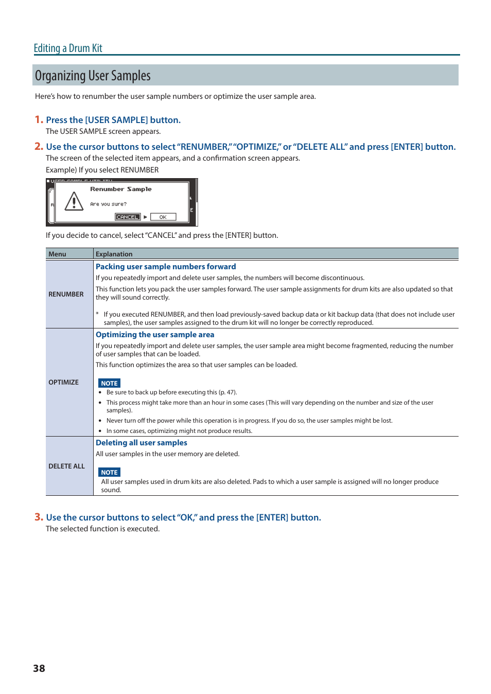 Organizing user samples, Editing a drum kit | Roland TD-27KV2 V-Drums Electronic Drum Kit User Manual | Page 38 / 67