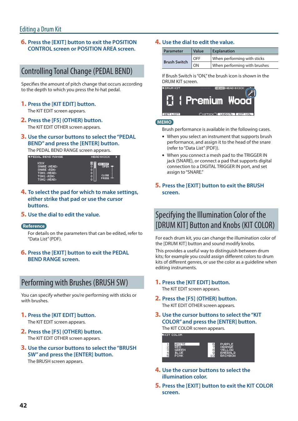 Controlling tonal change (pedal bend), Performing with brushes (brush sw), Specifying the illumination color of the [drum | Kit] button and knobs (kit color), P. 42, Editing a drum kit | Roland TD-27KV2 V-Drums Electronic Drum Kit User Manual | Page 42 / 67