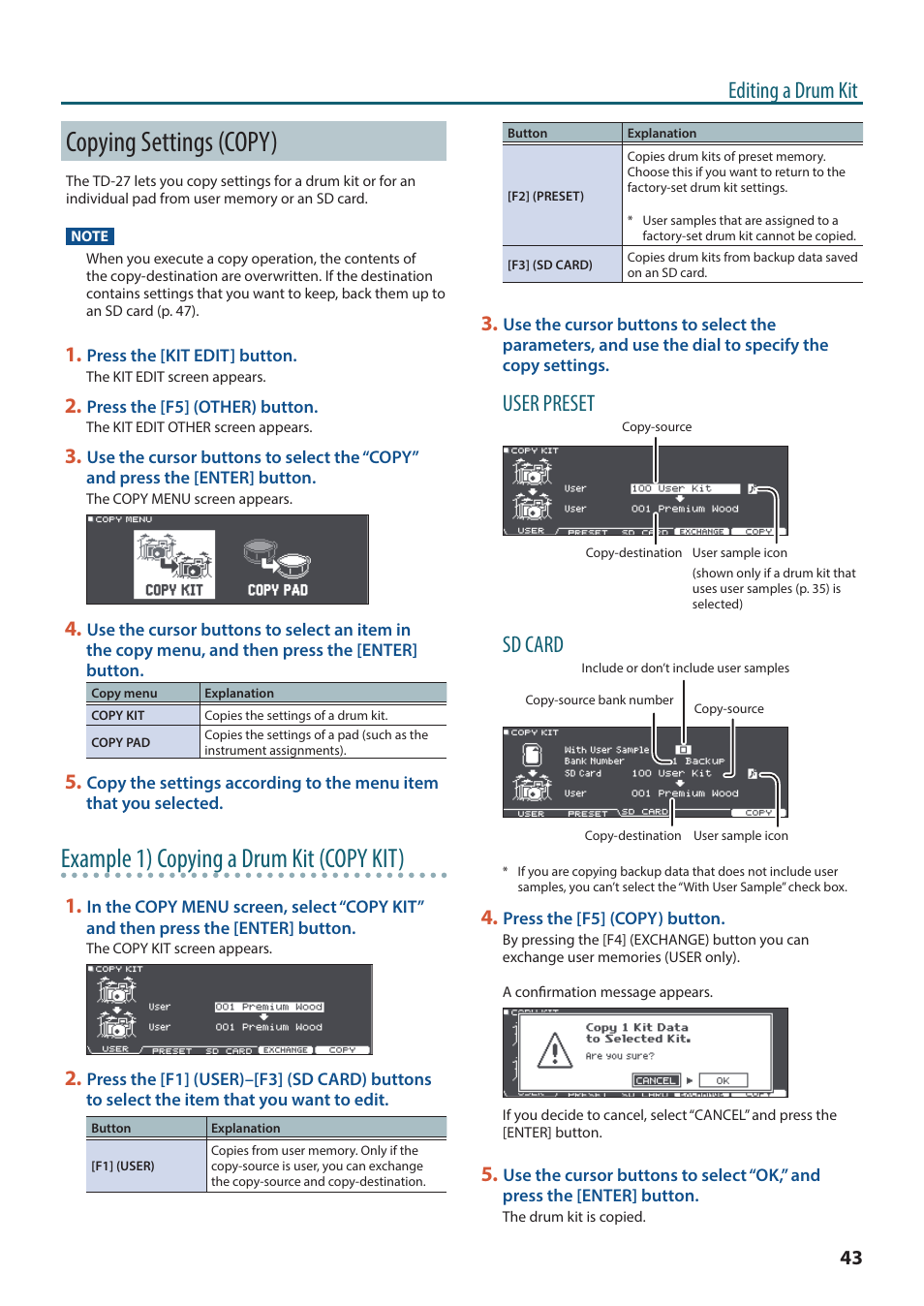 Copying settings (copy), Ea (p. 43), Or “copying | Settings (copy)” (p. 43), P. 43, Example 1) copying a drum kit (copy kit), Editing a drum kit, User preset, Sd card | Roland TD-27KV2 V-Drums Electronic Drum Kit User Manual | Page 43 / 67