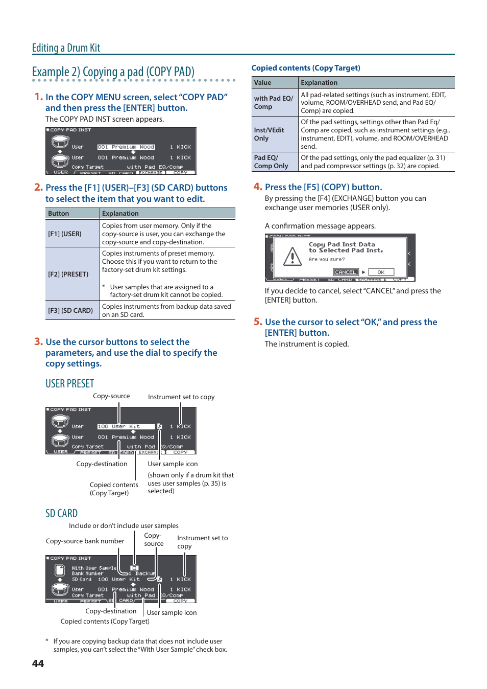 Example 2) copying a pad (copy pad), Editing a drum kit, User preset | Sd card | Roland TD-27KV2 V-Drums Electronic Drum Kit User Manual | Page 44 / 67
