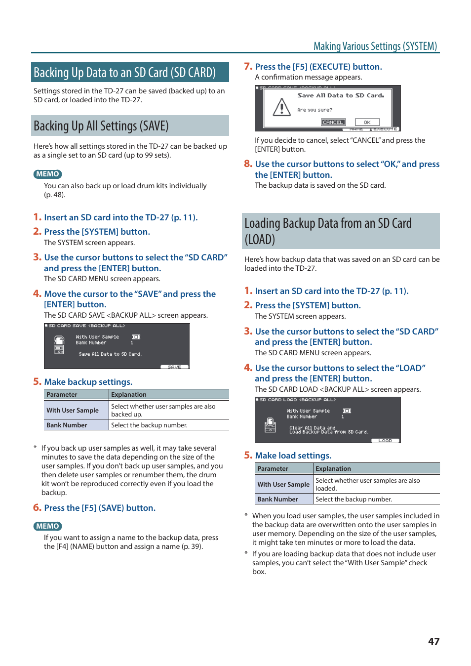 Backing up data to an sd card (sd card), Backing up all settings (save), Loading backup data from an sd card (load) | O“backing, Up data to an sd card (sd card)” (p. 47), Backing up data to an sd card (sd card)” (p. 47), P. 47, Making various settings (system) | Roland TD-27KV2 V-Drums Electronic Drum Kit User Manual | Page 47 / 67