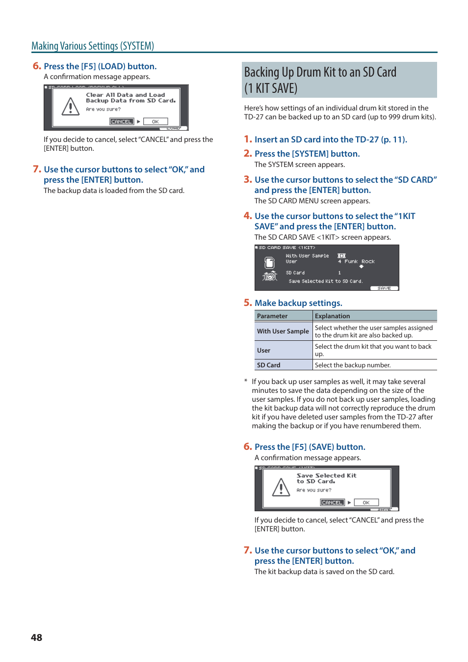 Backing up drum kit to an sd card (1 kit save), P. 48), Making various settings (system) | Roland TD-27KV2 V-Drums Electronic Drum Kit User Manual | Page 48 / 67