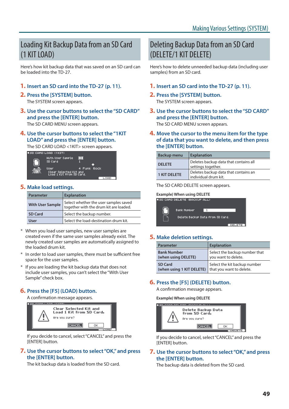 Loading kit backup data from an sd card (1 kit, Load), Deleting backup data from an sd card (delete/1 | Kit delete), Making various settings (system) | Roland TD-27KV2 V-Drums Electronic Drum Kit User Manual | Page 49 / 67