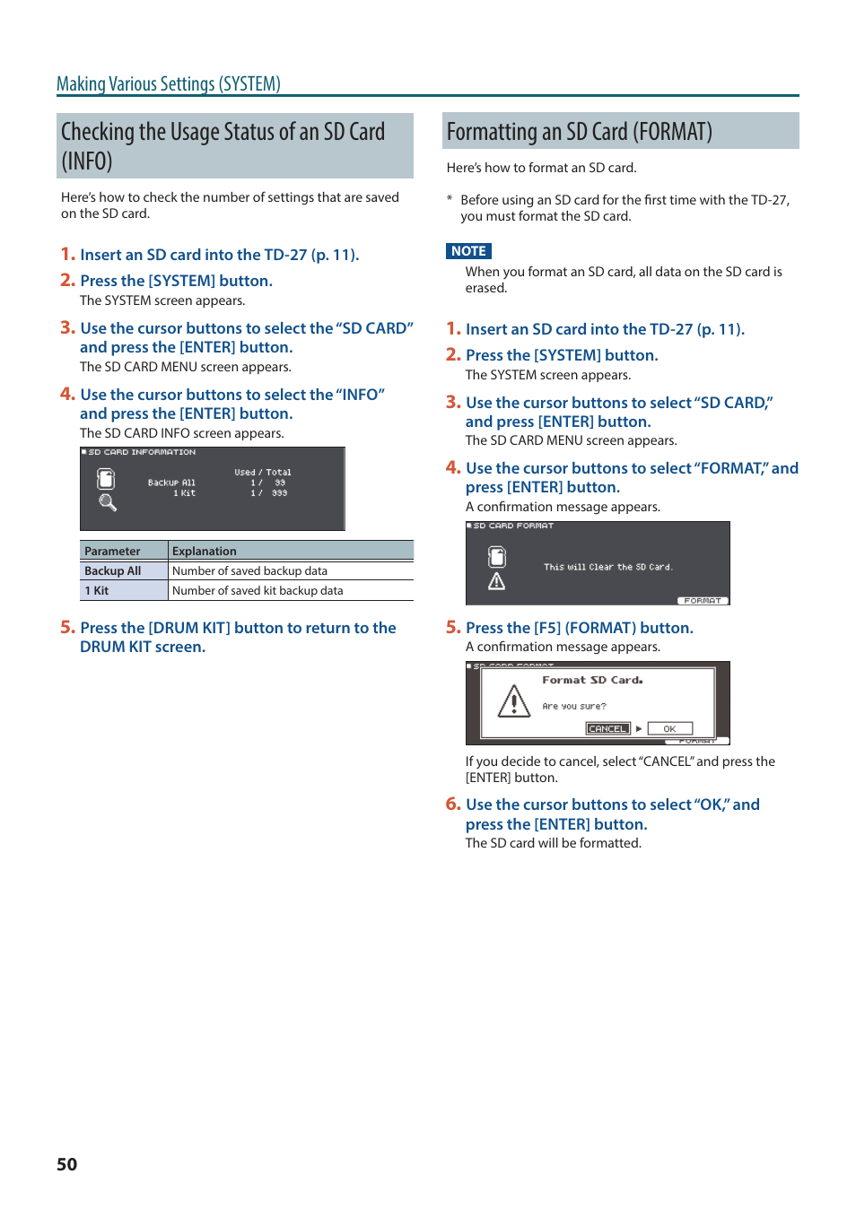 Checking the usage status of an sd card (info), Formatting an sd card (format), Formatting an sd card (format)” (p. 50) | P. 50), Making various settings (system) | Roland TD-27KV2 V-Drums Electronic Drum Kit User Manual | Page 50 / 67