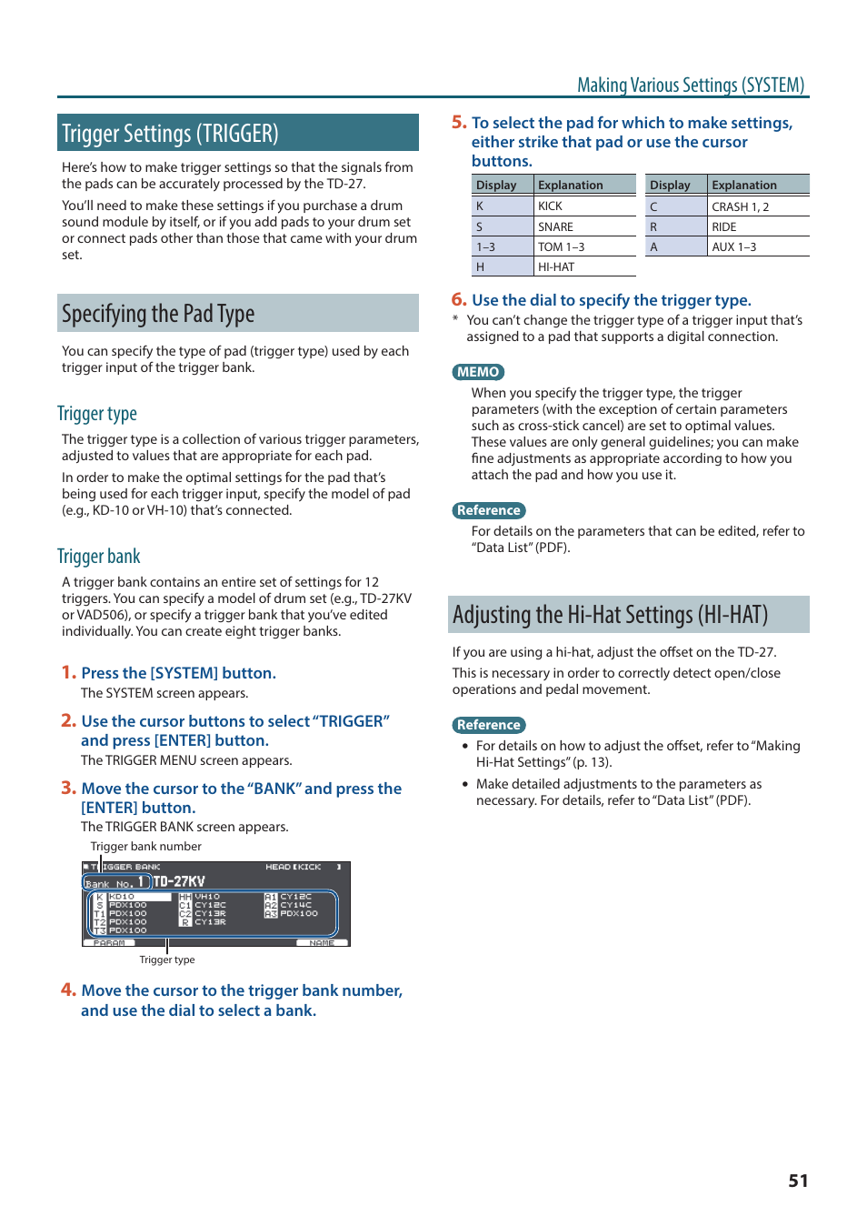 Trigger settings (trigger), Specifying the pad type, Adjusting the hi-hat settings (hi-hat) | Igger settings (p. 51), P. 51, Making various settings (system), Trigger type, Trigger bank | Roland TD-27KV2 V-Drums Electronic Drum Kit User Manual | Page 51 / 67