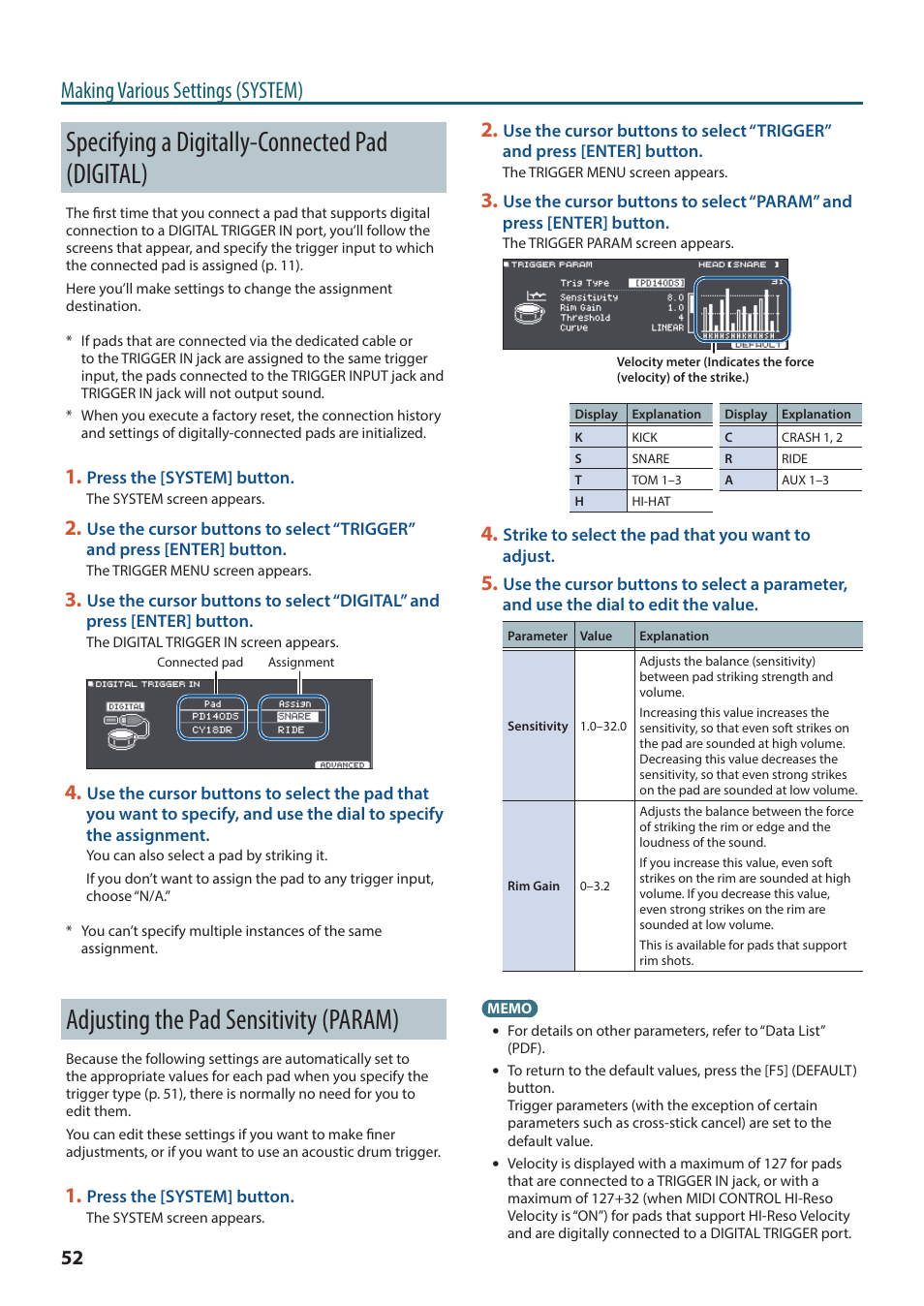 Specifying a digitally-connected pad (digital), Adjusting the pad sensitivity (param), O “specifying a digitally-connected | Pad (digital)” (p. 52), Making various settings (system) | Roland TD-27KV2 V-Drums Electronic Drum Kit User Manual | Page 52 / 67