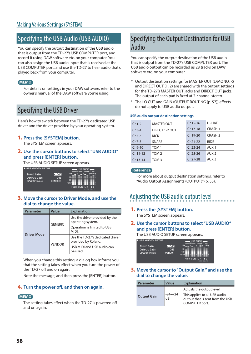 Specifying the usb audio (usb audio), Specifying the usb driver, Specifying the output destination for usb audio | Specifying the usb audio (usb audio)” (p. 58), P. 58, P. 58), Adjusting the usb audio output level, Making various settings (system) | Roland TD-27KV2 V-Drums Electronic Drum Kit User Manual | Page 58 / 67