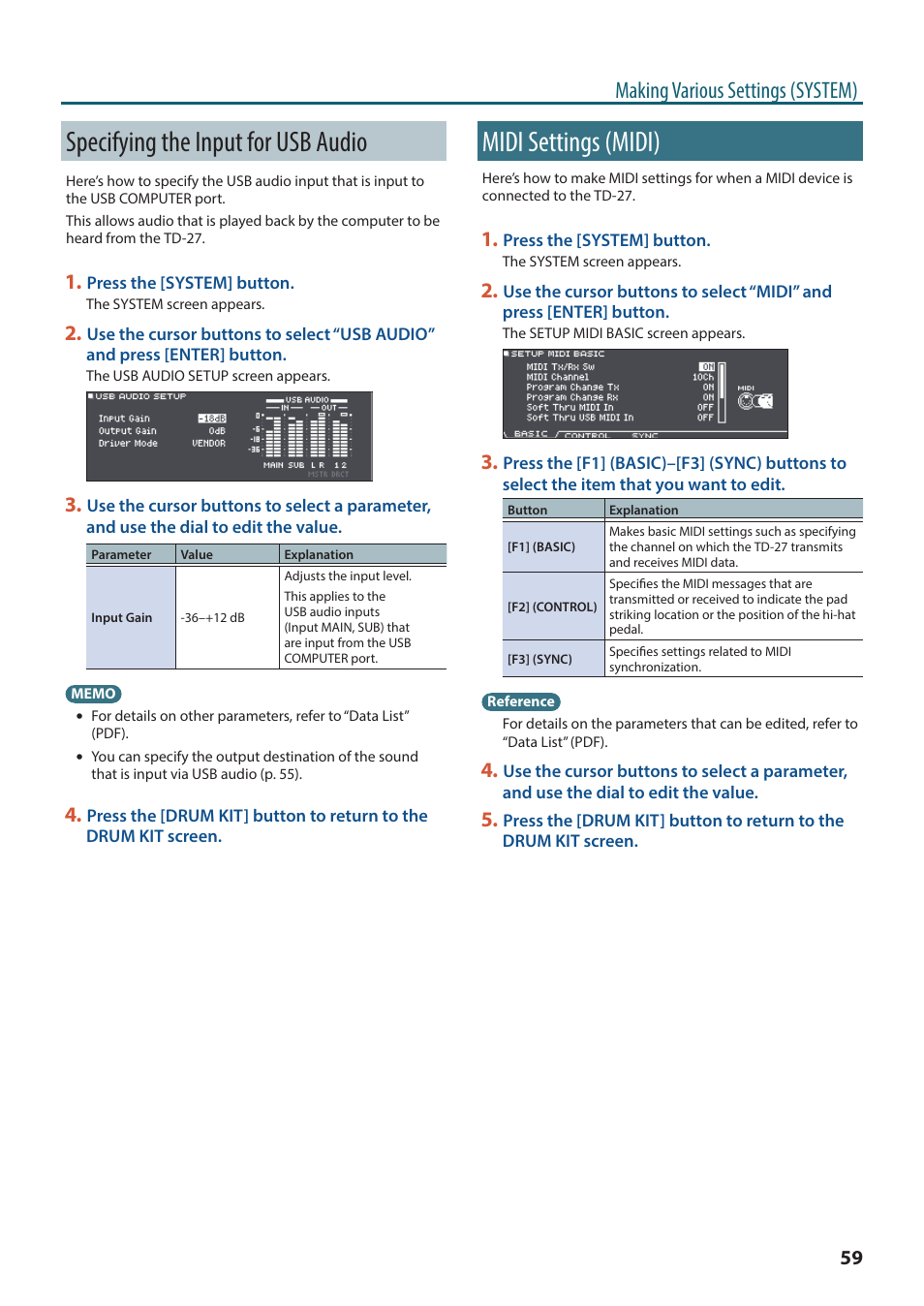 Specifying the input for usb audio, Midi settings (midi), P. 59) | P. 59, Making various settings (system) | Roland TD-27KV2 V-Drums Electronic Drum Kit User Manual | Page 59 / 67
