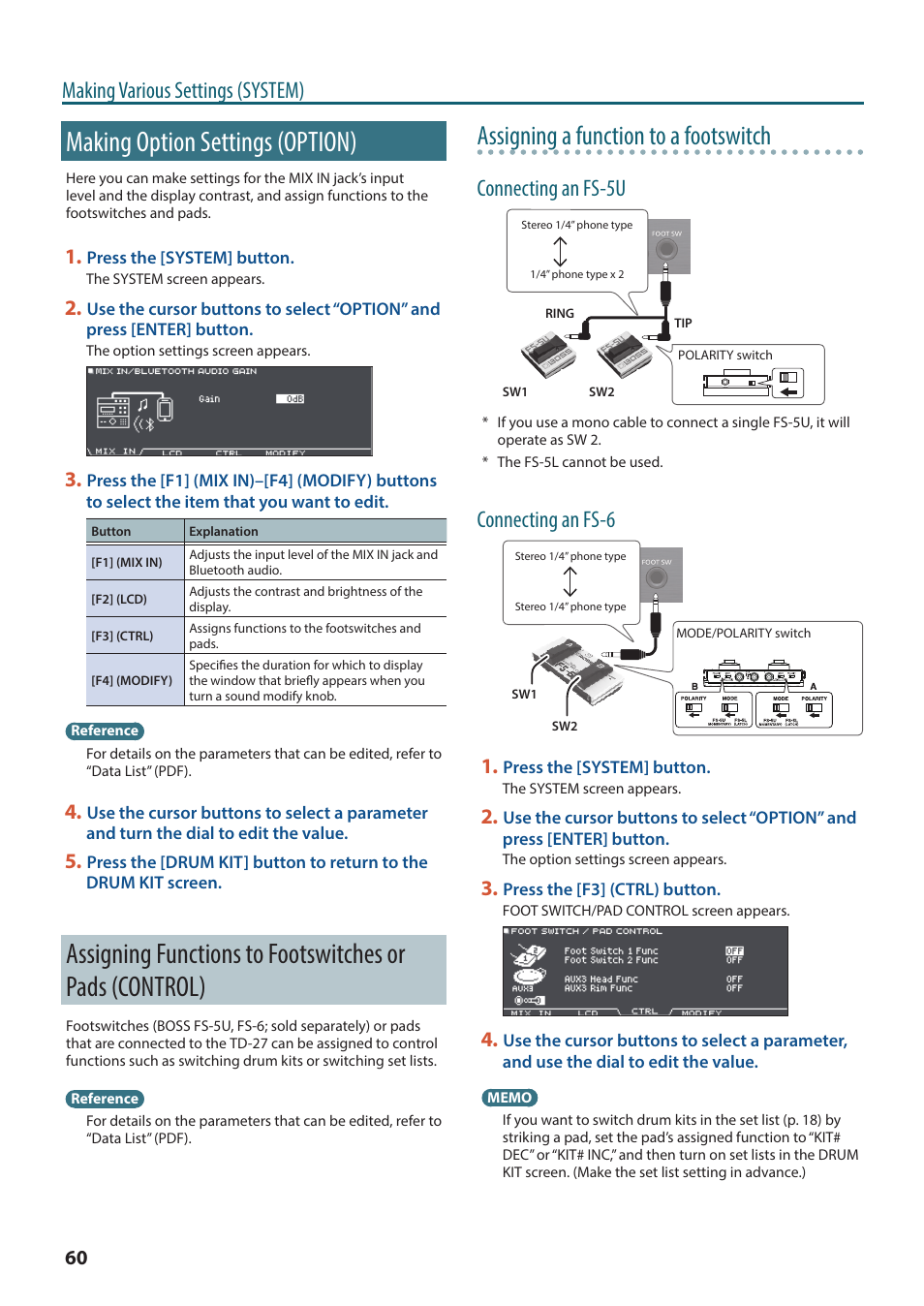 Making option settings (option), Assigning functions to footswitches or pads, Control) | Assigning functions to, Footswitches or pads, Control)” (p. 60), Ch (p. 60), P. 60, Assigning a function to a footswitch, Making various settings (system) | Roland TD-27KV2 V-Drums Electronic Drum Kit User Manual | Page 60 / 67