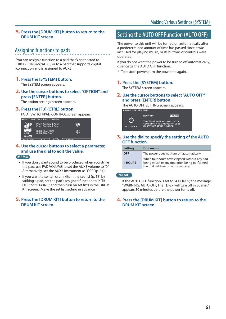 Setting the auto off function (auto off), P. 61, Assigning functions to pads | Making various settings (system) | Roland TD-27KV2 V-Drums Electronic Drum Kit User Manual | Page 61 / 67