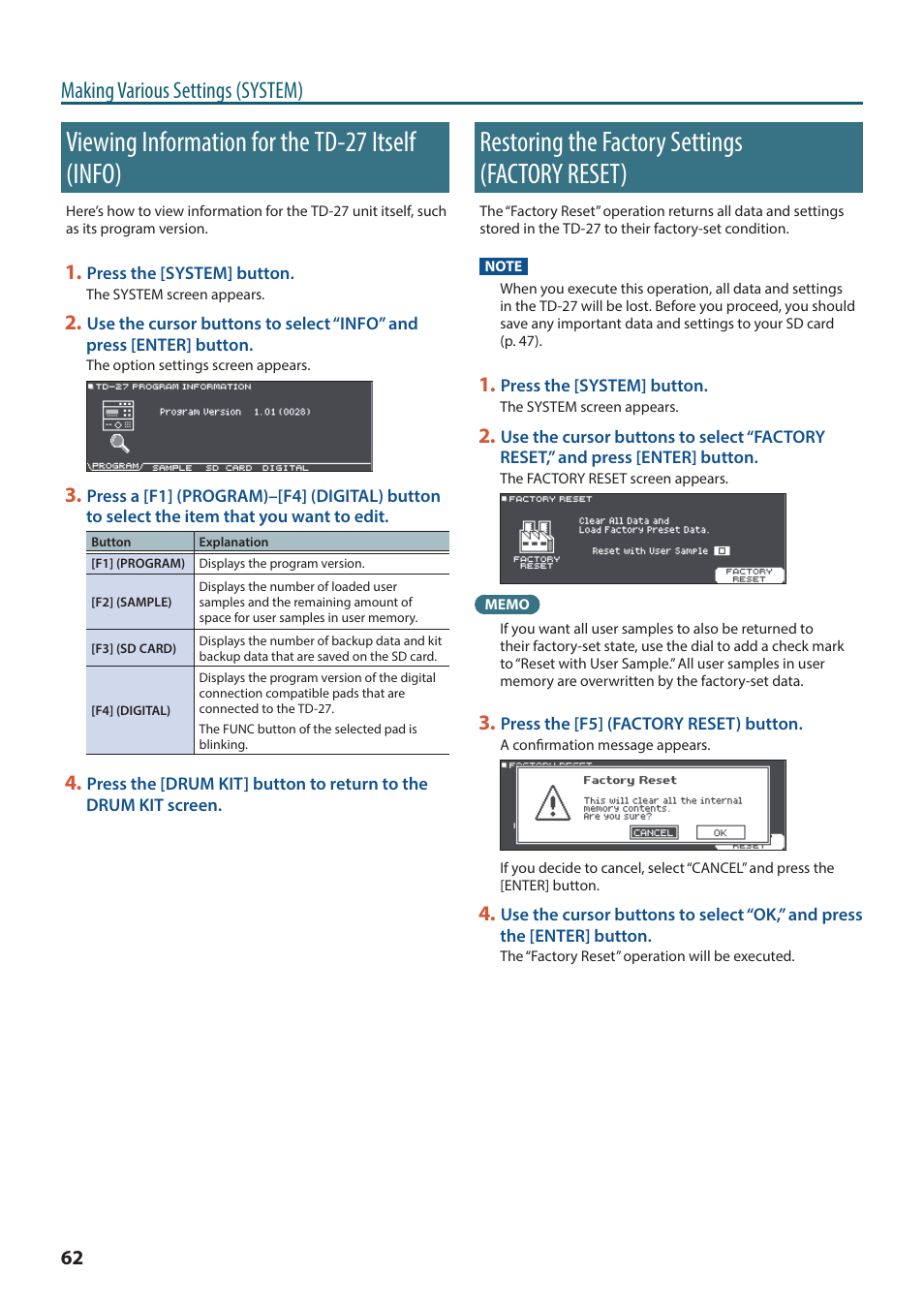 Viewing information for the td-27 itself (info), Restoring the factory settings (factory reset), E (p. 62) | P. 62, Making various settings (system) | Roland TD-27KV2 V-Drums Electronic Drum Kit User Manual | Page 62 / 67