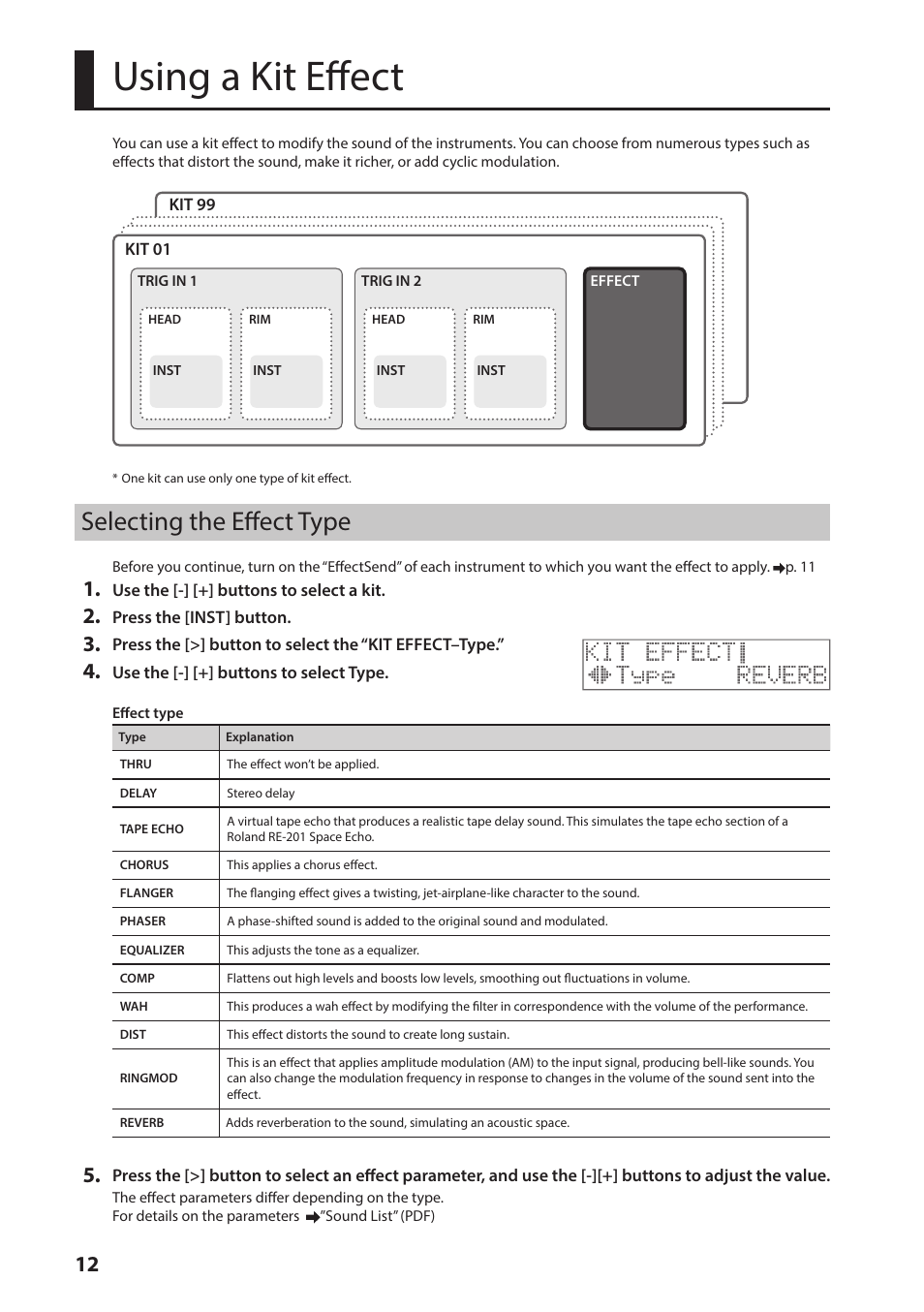Using a kit effect, Selecting the effect type | Roland TM-2 - Trigger Module User Manual | Page 12 / 23