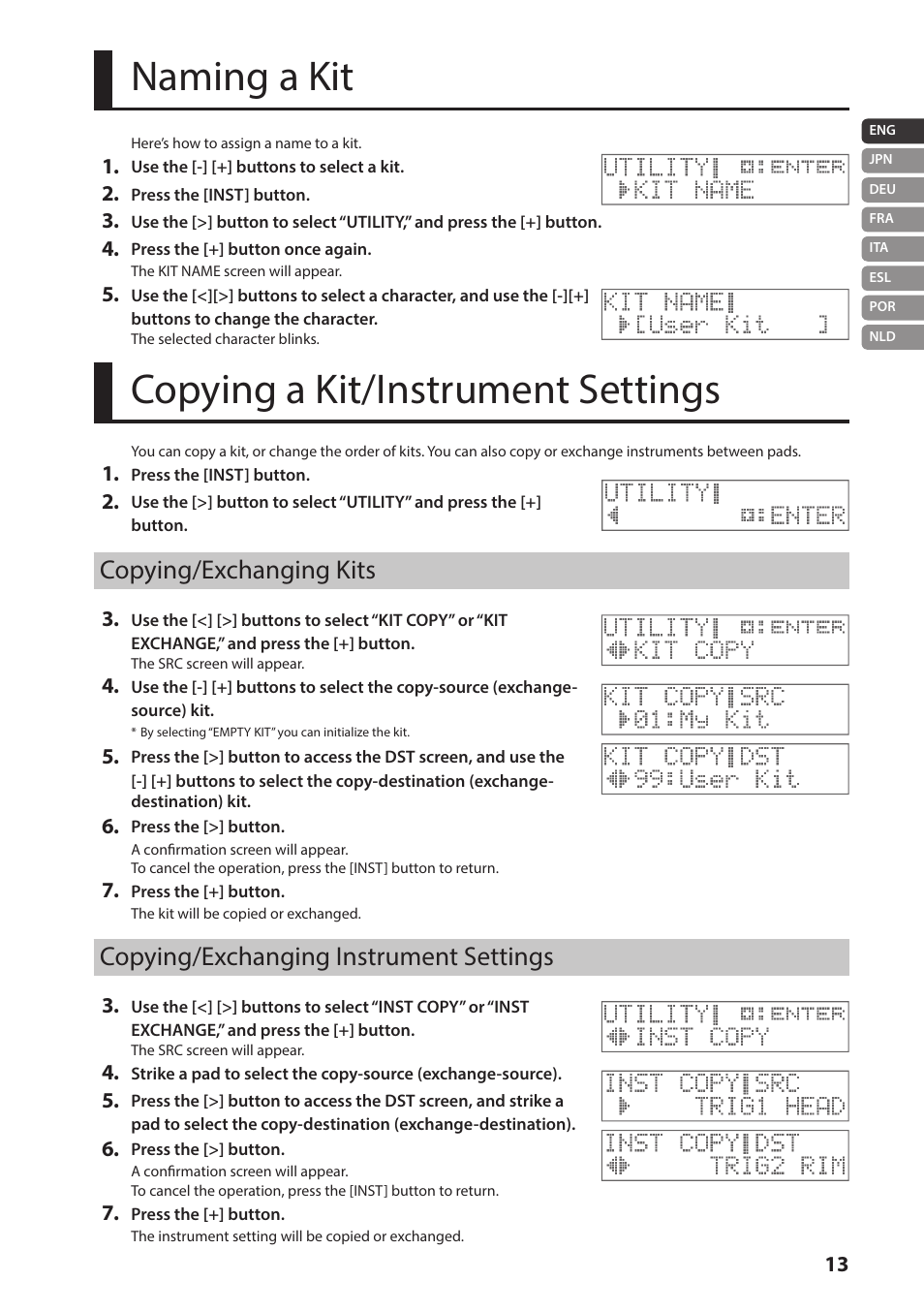 Naming a kit, Copying a kit/instrument settings, Naming a kit copying a kit/instrument settings | Copying/exchanging kits, Copying/exchanging instrument settings | Roland TM-2 - Trigger Module User Manual | Page 13 / 23