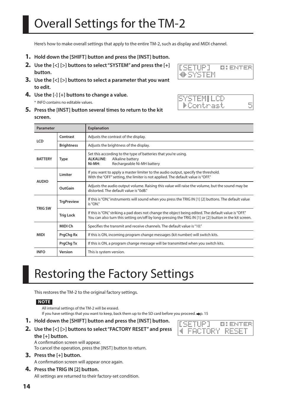 Overall settings for the tm-2, Restoring the factory settings, P. 14 | Roland TM-2 - Trigger Module User Manual | Page 14 / 23