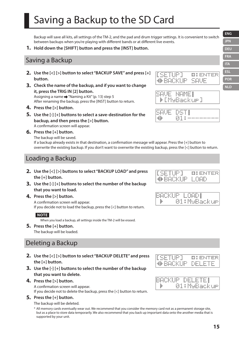 Saving a backup to the sd card, Saving a backup, Loading a backup | Deleting a backup | Roland TM-2 - Trigger Module User Manual | Page 15 / 23