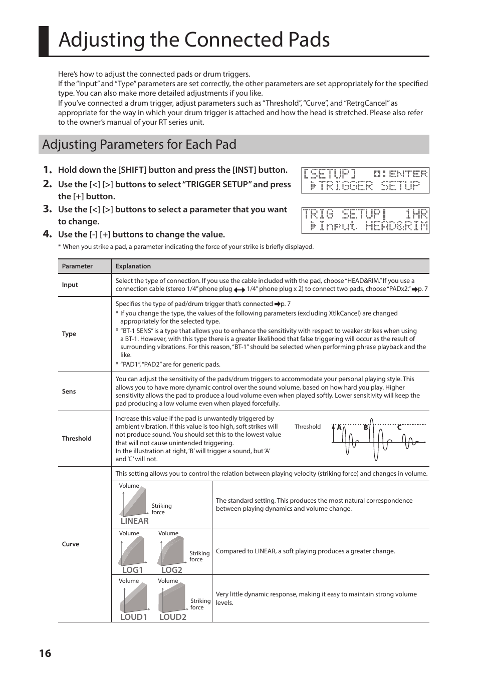 Adjusting the connected pads, P. 16, Adjusting parameters for each pad | Roland TM-2 - Trigger Module User Manual | Page 16 / 23