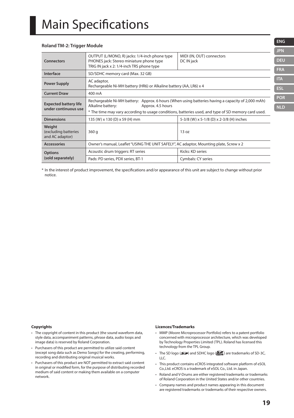 Main specifications | Roland TM-2 - Trigger Module User Manual | Page 19 / 23
