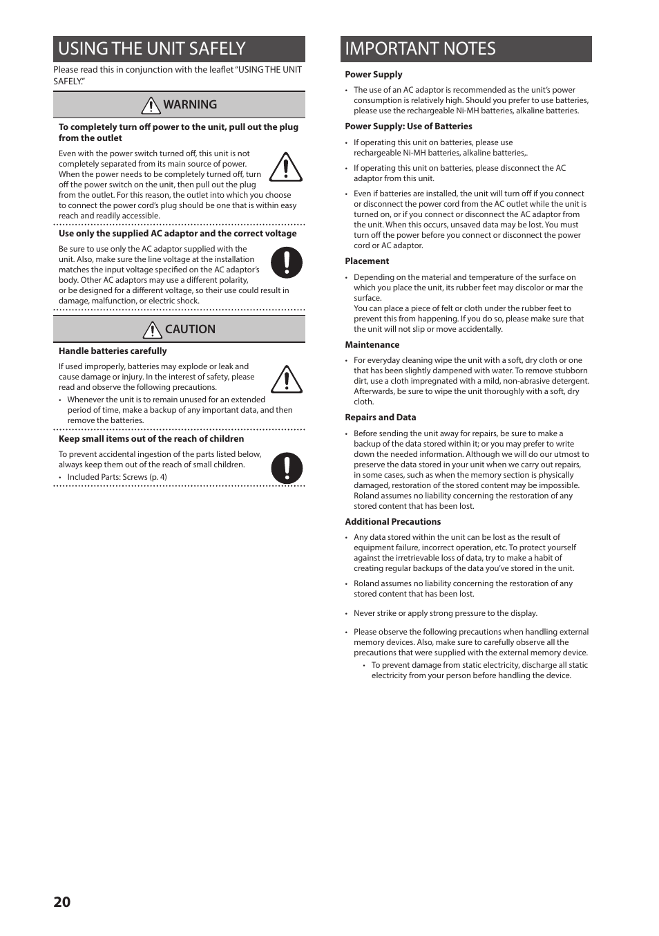 Using the unit safely, Important notes, Using the unit safely important notes | Anual p. 20), Warning, Caution | Roland TM-2 - Trigger Module User Manual | Page 20 / 23