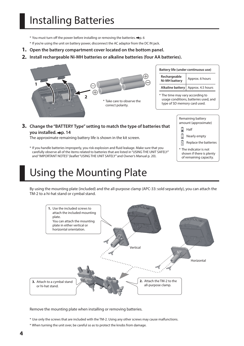 Installing batteries, Using the mounting plate, Installing batteries using the mounting plate | P. 4 | Roland TM-2 - Trigger Module User Manual | Page 4 / 23