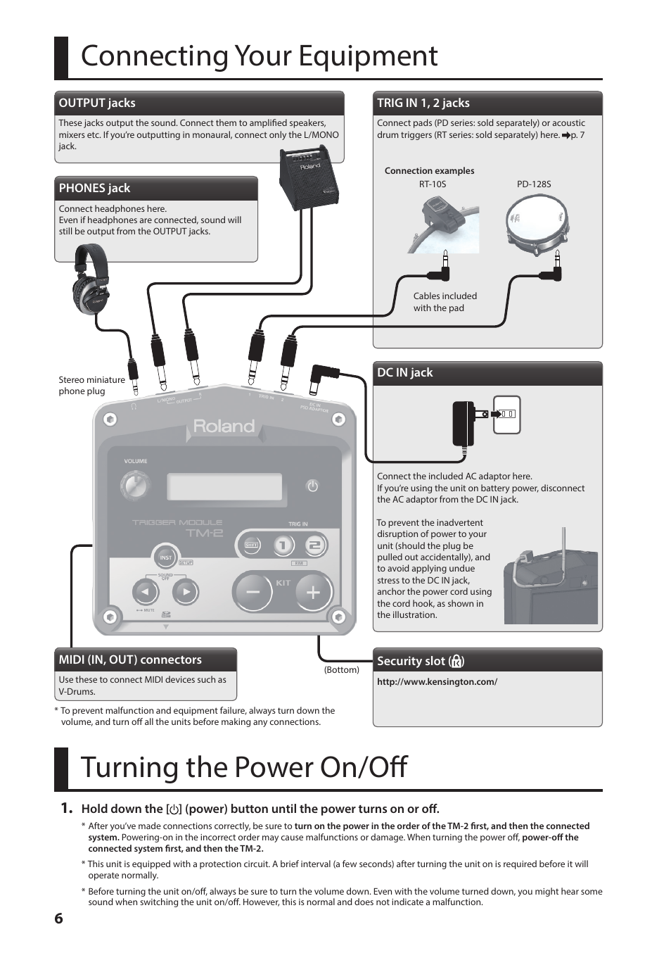 Connecting your equipment, Turning the power on/off, Connecting your equipment turning the power on/off | P. 6 | Roland TM-2 - Trigger Module User Manual | Page 6 / 23