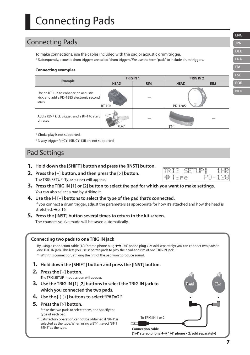 Connecting pads, P. 7, Pad settings | Roland TM-2 - Trigger Module User Manual | Page 7 / 23