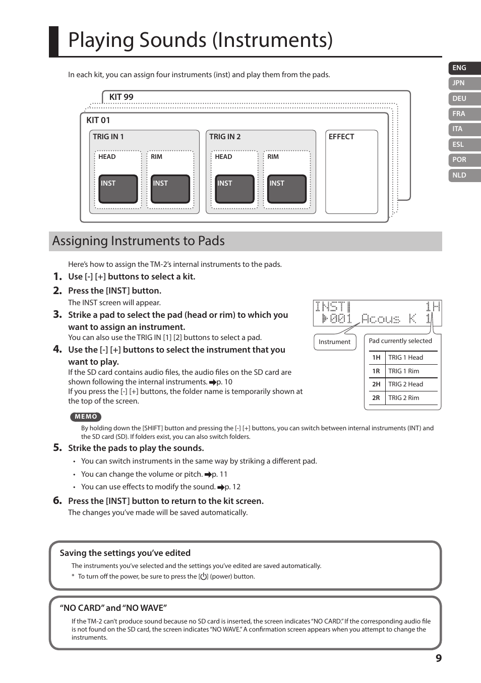 Playing sounds (instruments), Assigning instruments to pads | Roland TM-2 - Trigger Module User Manual | Page 9 / 23
