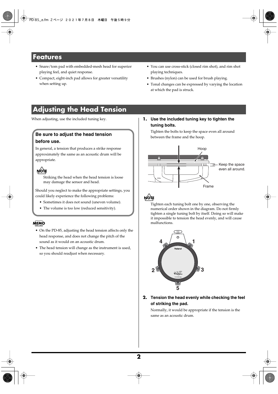 Features, Adjusting the head tension, Features adjusting the head tension | Roland PD-85 - Dual-Zone 8" V-Pad for TD-Series Modules (Black) User Manual | Page 2 / 8