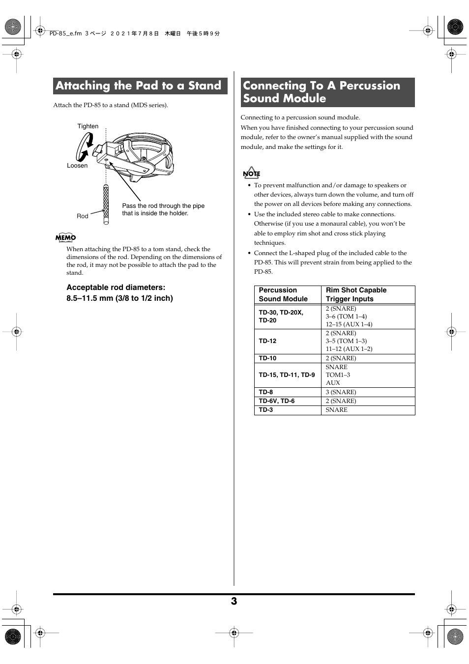 Attaching the pad to a stand, Connecting to a percussion sound module | Roland PD-85 - Dual-Zone 8" V-Pad for TD-Series Modules (Black) User Manual | Page 3 / 8