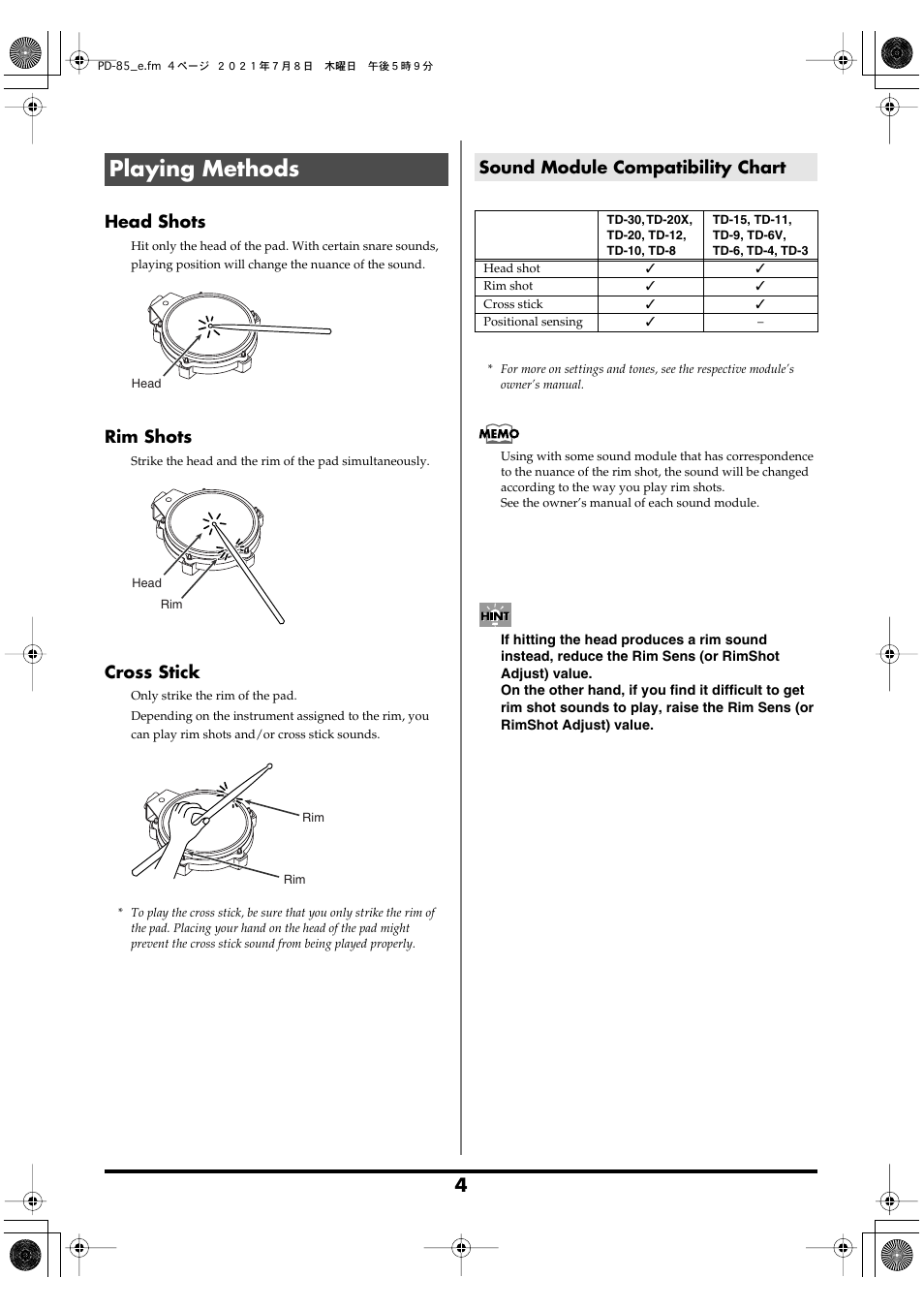 Playing methods, Sound module compatibility chart, Head shots | Rim shots, Cross stick | Roland PD-85 - Dual-Zone 8" V-Pad for TD-Series Modules (Black) User Manual | Page 4 / 8