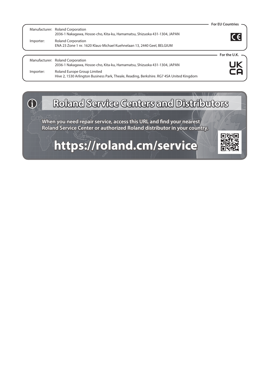 Roland service centers and distributors | Roland BT-1 Bar Trigger Pad User Manual | Page 14 / 16