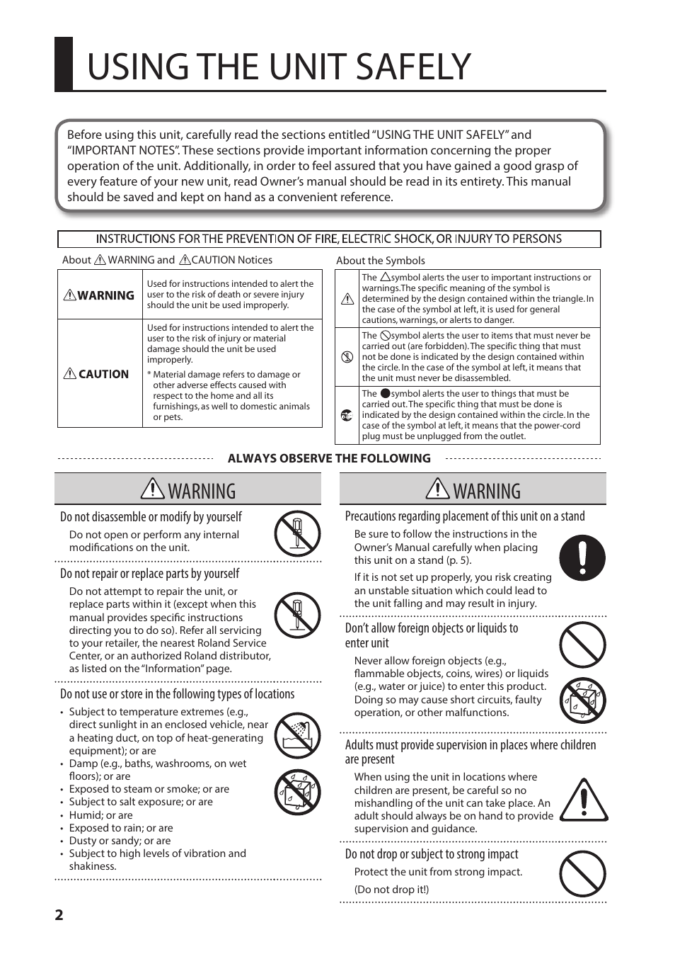 Using the unit safely, Warning | Roland BT-1 Bar Trigger Pad User Manual | Page 2 / 16