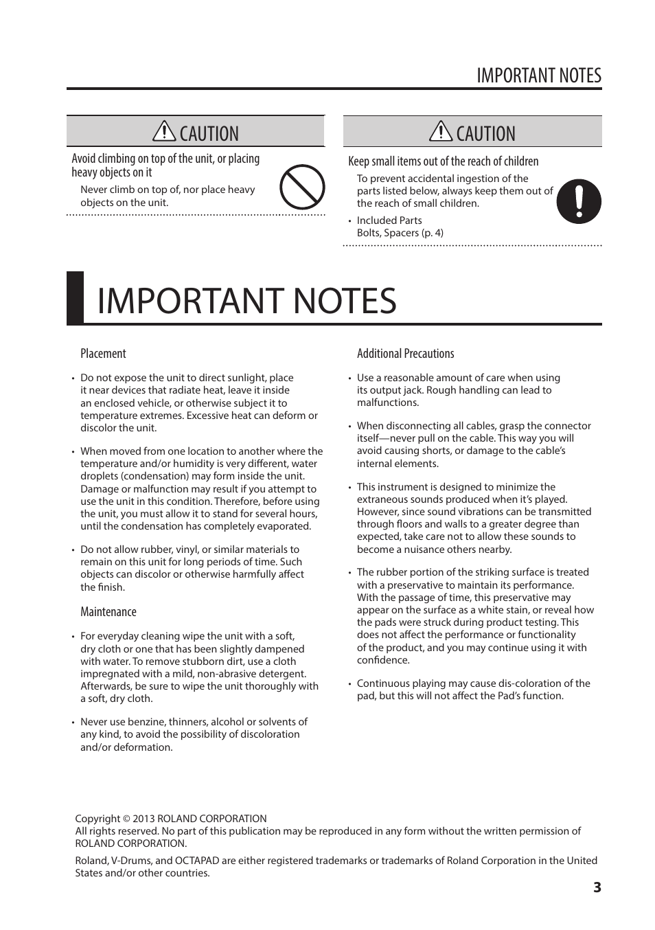 Caution | Roland BT-1 Bar Trigger Pad User Manual | Page 3 / 16