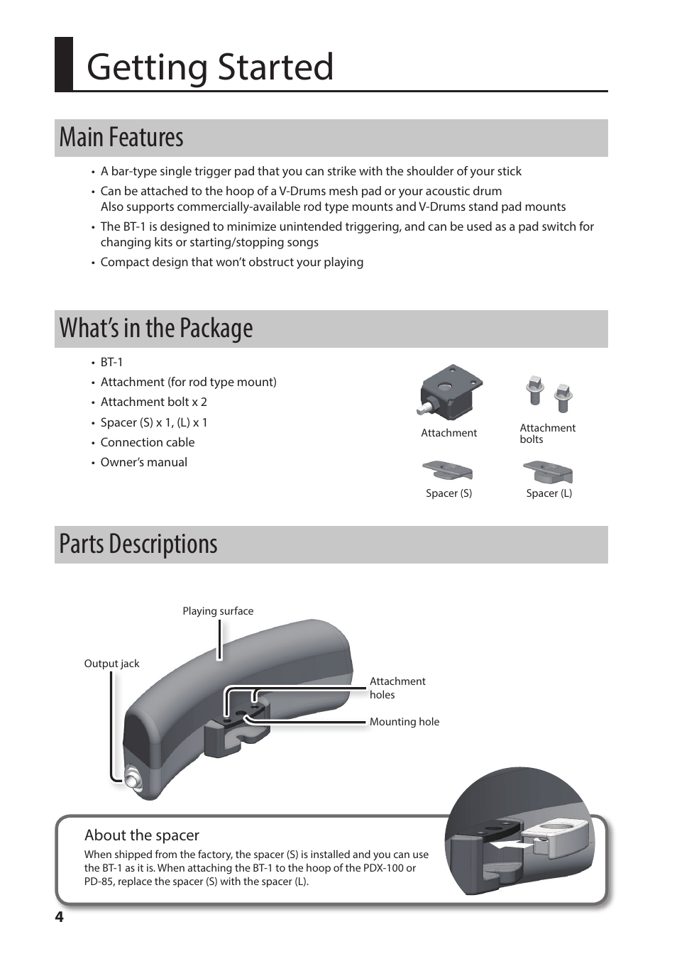 Getting started, Main features, What’s in the package | Parts descriptions | Roland BT-1 Bar Trigger Pad User Manual | Page 4 / 16
