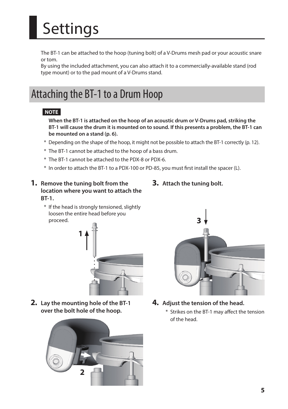 Settings, Attaching the bt-1 to a drum hoop | Roland BT-1 Bar Trigger Pad User Manual | Page 5 / 16