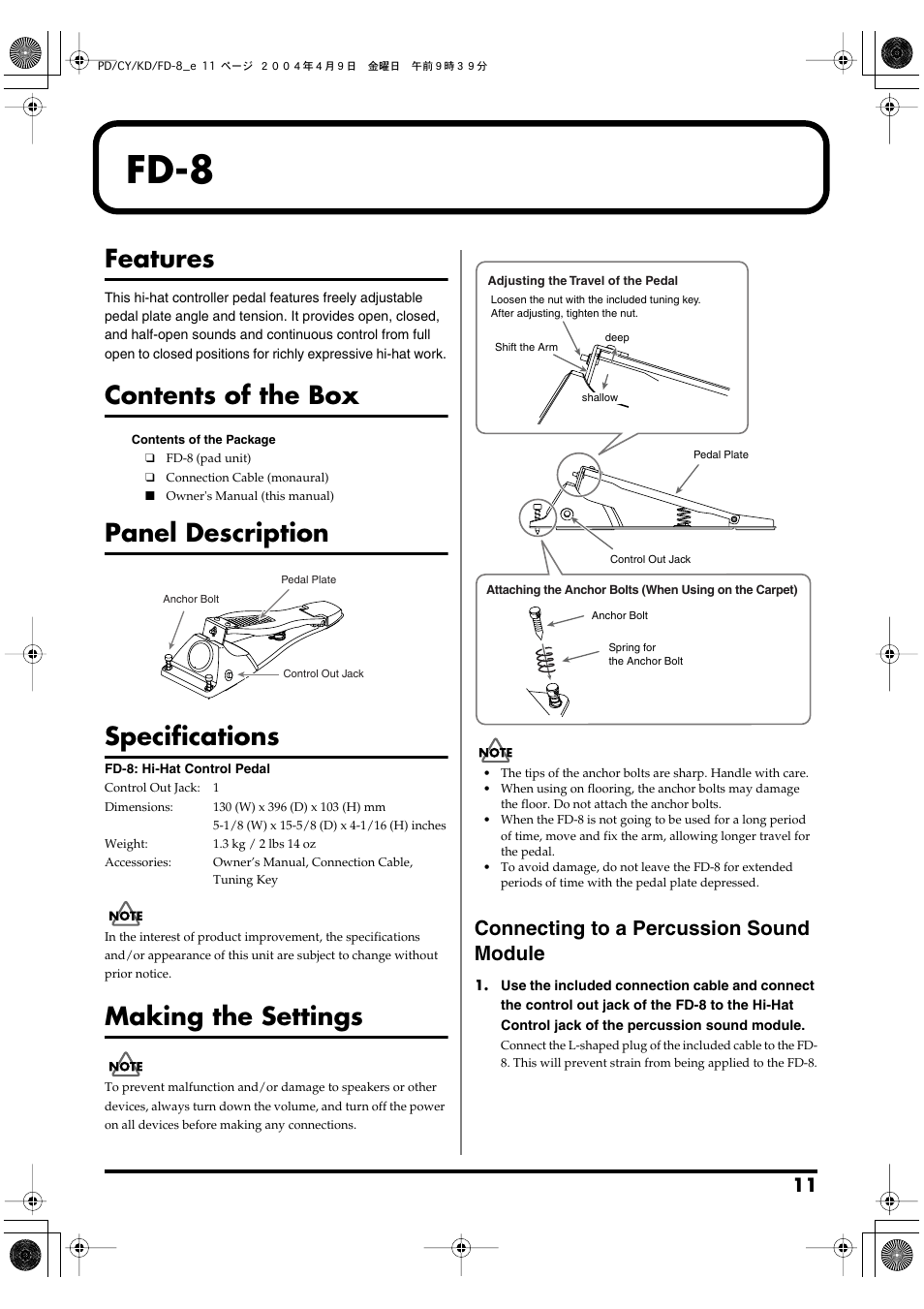 Fd-8, Features, Contents of the box | Panel description, Specifications, Making the settings, Connecting to a percussion sound module | Roland PD-8 - Dual-Trigger Rubber Drum Pad User Manual | Page 11 / 12